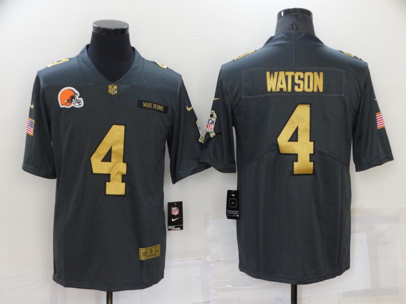 Men's Cleveland Browns #4 Deshaun Watson Grey/Gold Salute To Service Limited Stitched Jersey Men's Cleveland Browns #4 Deshaun Watson Grey/Gold Salute To Service Limited Stitched Jersey
